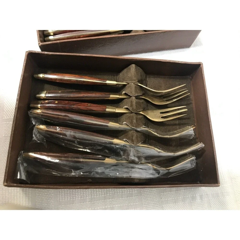 NEW! Williams Sonoma 6 Mini Forks 6 Mini Knives Knife Set Wood Handle Gold 5